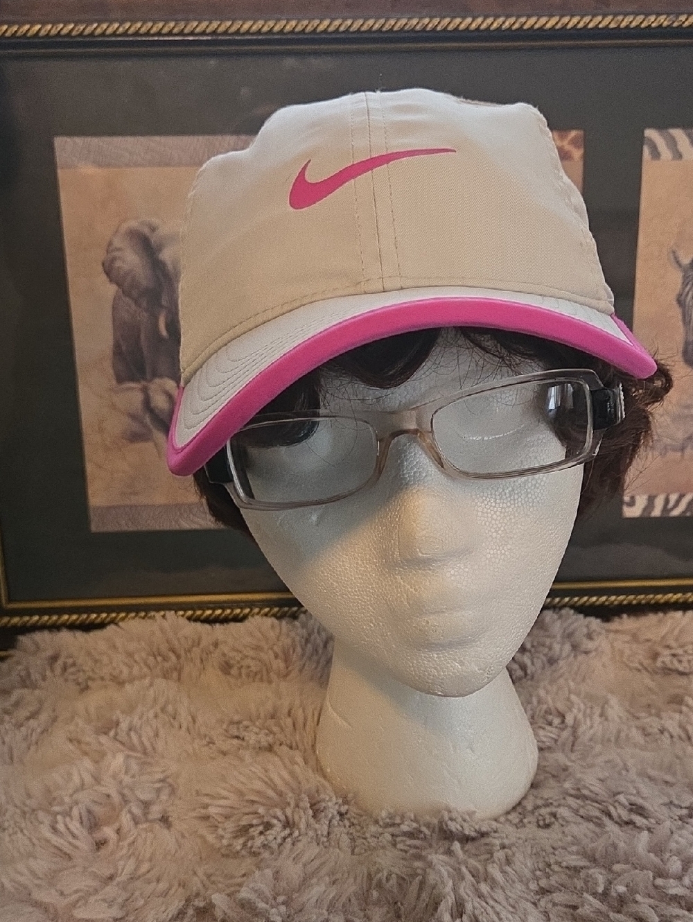 Nike Beige Visor Cap with Pink Swoosh and Pink-Trim Brim